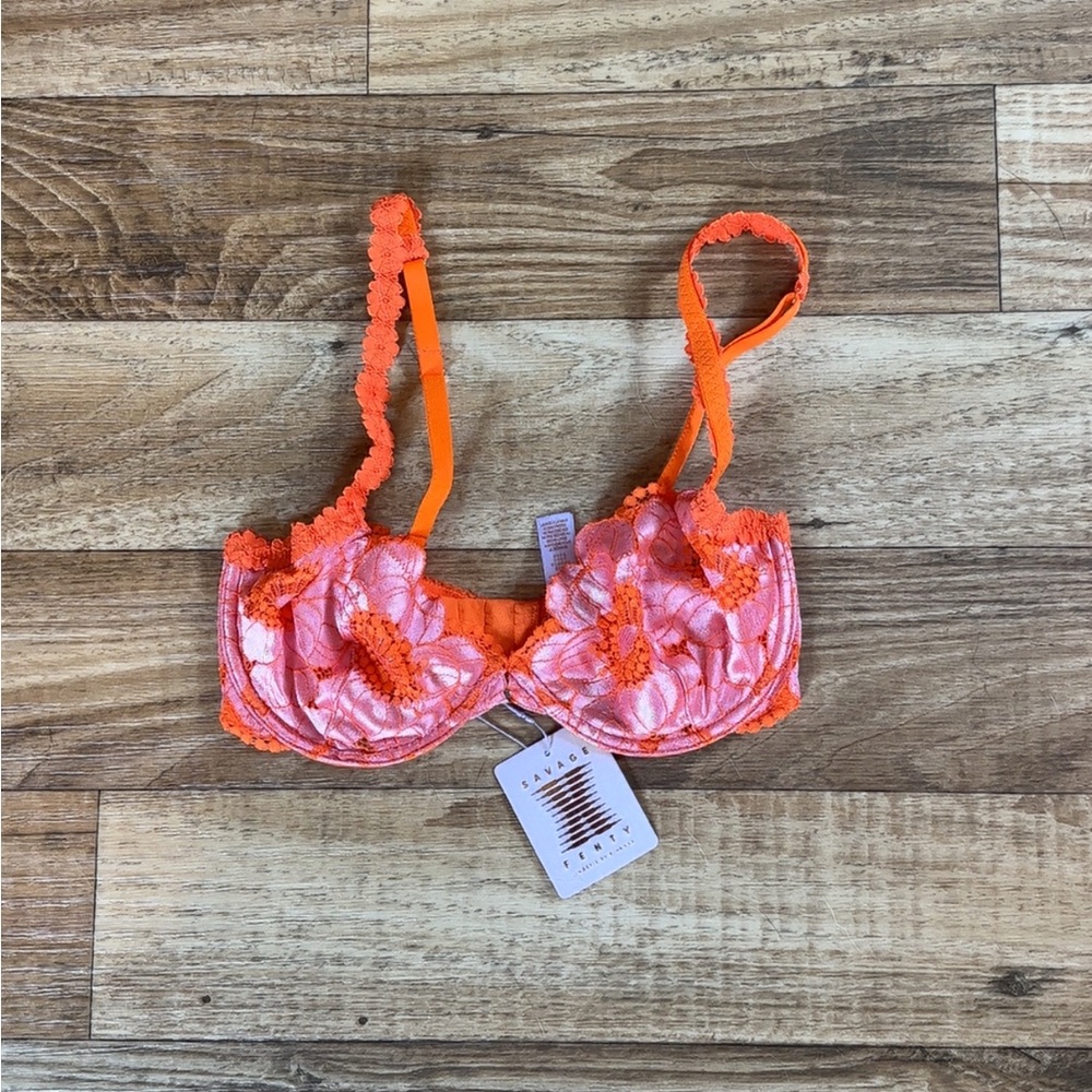 Savage X Fenty Orange and Pink Floral Lace Bra